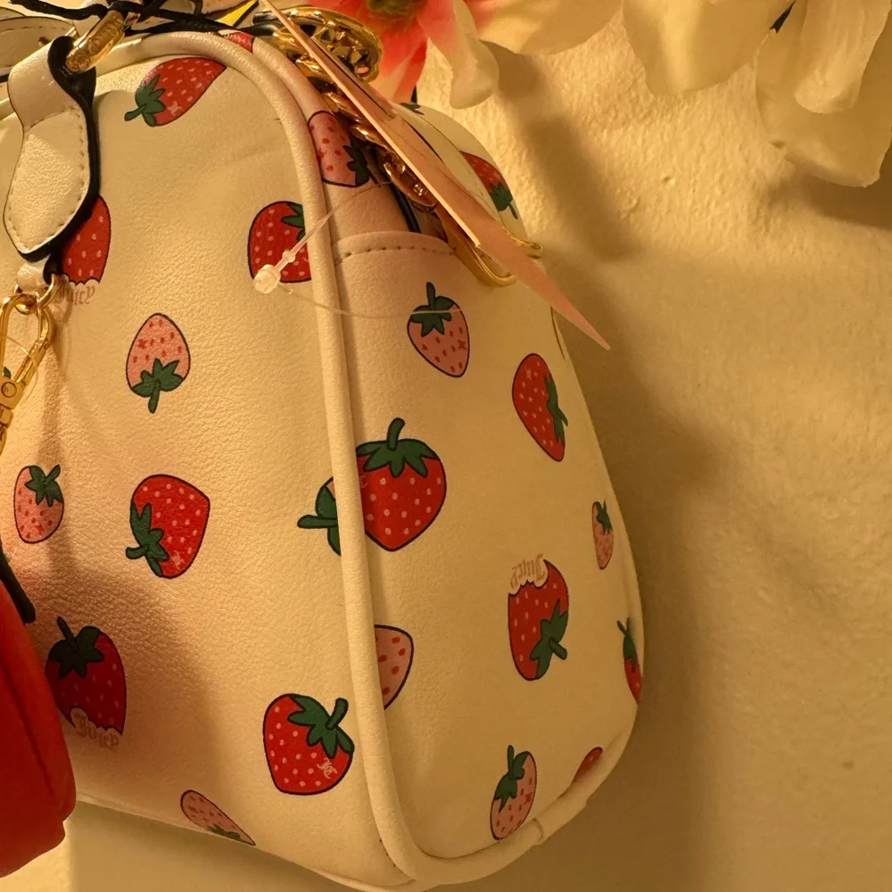 Juicy Couture White Strawberry Print Satchel with Red Strawberry Charm